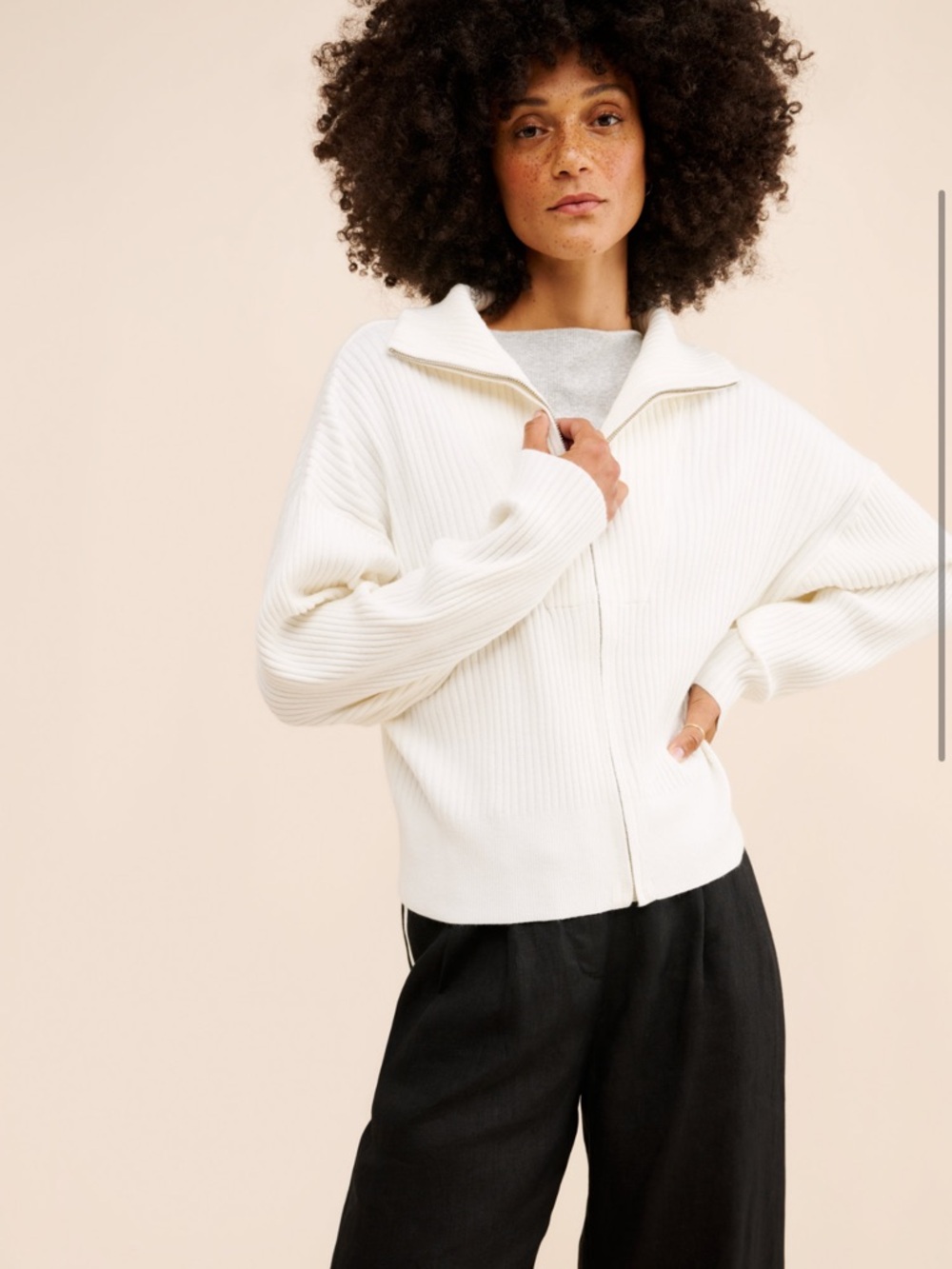 Varley Cream Ribbed Zip-Up Sweater Jacket